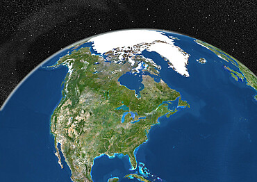 Globe Showing Northern America, True Colour Satellite Image. True colour satellite image of the Earth showing Greenland, the North Pole and Northern America. This image in orthographic projection was compiled from data acquired by LANDSAT 5 & 7 satellites.