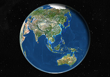 Globe Centred On Asia And Oceania, True Colour Satellite Image. True colour satellite image of the Earth centred on Asia and Oceania