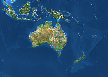 Oceania With Country Borders And Major Rivers, True Colour Satellite Image