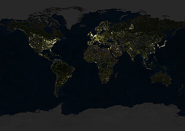 Whole Earth At Night With Country Borders, True Colour Satellite Image. True colour satellite image of the whole Earth at night with country borders. This image in Miller projection was compiled from data acquired by LANDSAT 5 & 7 satellites.