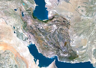 Iran, Middle East, Asia, True Colour Satellite Image With Border And Mask. Satellite view of Iran (with border and mask). This image was compiled from data acquired by LANDSAT 5 & 7 satellites.