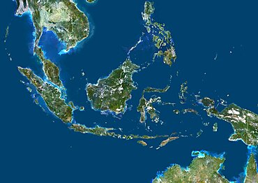 Indonesia, Asia, True Colour Satellite Image With Border. Satellite view of Indonesia (with border). This image was compiled from data acquired by LANDSAT 5 & 7 satellites.