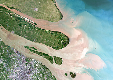 Yangtze River, Shanghai, China, True Colour Satellite Image. Satellite image of the river mouth of the Yangtze river