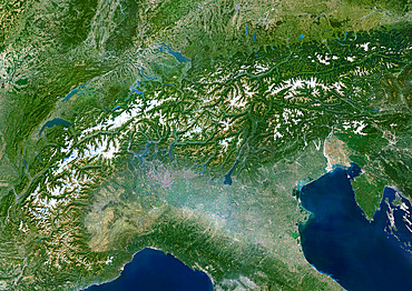 The Alps, Europe, True Colour Satellite Image. The Alps, seen from space. Mosaic of satellite images of the Alps, using LANDSAT data