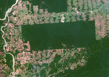 Color satellite image of the indigenous territory Igarape Lage, Rondonia, Brazil, covering an area of 688,000 square kilometers. Image collected on September 25, 2020 by Sentinel-2 satellites.