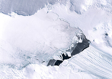 Color satellite image of ice pack at the mouth of Pine Island Glacier in Antarctica. This glacier is one of the most studied in Antarctica, as part of climate change monitoring. Image collected on March 07, 2018 by Sentinel-2 satellites.