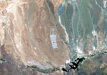 Color satellite image of Noor Ouarzazate Solar Complex and Ouarzazate, Morocco. It is the largest concentrated solar power plant in the world. Image collected on July 10, 2020 by Sentinel-2 satellites.