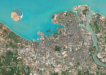 Color satellite image of Haikou, Hainan, China. Image collected on June 21, 2020 by Sentinel-2 satellites.