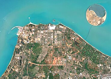 Color satellite image of Haikou Bay and Nanhai Pearl Artificial Island, Hainan, China. Image collected on June 21, 2020 by Sentinel-2 satellites.