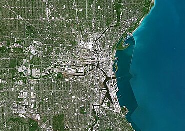 Color satellite image of Milwaukee, Wisconsin, United States. Image collected on June 14, 2020 by Sentinel-2 satellites.