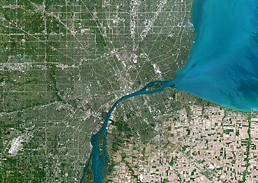 Color satellite image of Detroit, Michigan, United States. Image collected on June 18, 2020 by Sentinel-2 satellites.