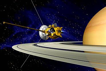 Artwork of Cassini during SOI maneuver