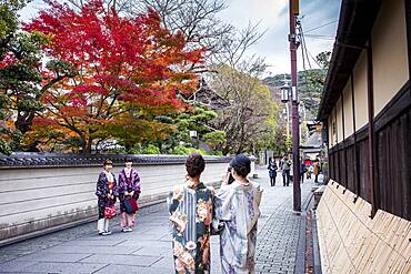 women dressed in kimono, street scene, Gion district, Kyoto, Japan.