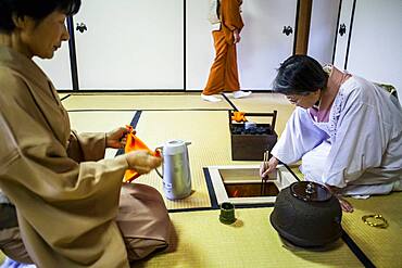 Tea ceremony with  iron teapot or tetsubin, in Cyu-o-kouminkan, Morioka, Iwate Prefecture, Japan