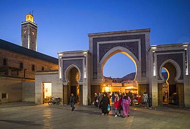 Bab R'Cif gate and Mosque R'Cif, in R'Cif Square, gateway to andalusian quarter, medina,Fez, Morocco.