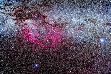 The region of the Milky Way in Puppis and Vela encompassing the vast Gum Nebula, a photographic object only. Sirius and Canis Major are at right; Canopus in Carina is at bottom. The False Cross and the open cluster NGC 2516 are at left.