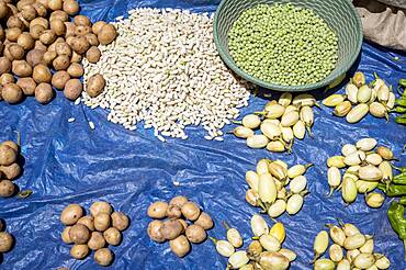 Detail of a vegetable stand, Potatoes, beans, aubergines, peas, peppers, food market, Fianarantsoa city, Madagascar