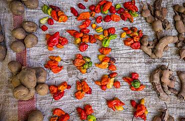 Stanll detail,tamarind, potatoes,peppers, food market of Ambohimahasoa city, Madagascar