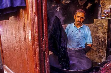 Dyer working, Medina, UNESCO World Heritage Site, Fez, Morocco, Africa.