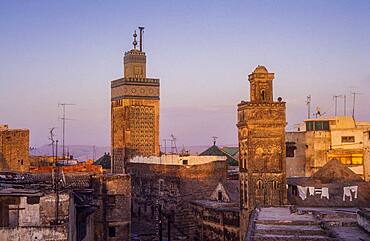 At right minaret of Sidi Lazaze, at left minaret of  Medersa Bou Inania, Medina, UNESCO World Heritage Site, Fez, Morocco, Africa.