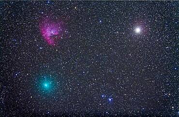 Comet Hartley 2 near the Pacman Nebula, NGC 281, in Cassiopeia. Stack of 4 x 6 minute exposures at ISO 1600 with Canon 5D MkII on A&M 105mm apo refractor at f/4.8 with Borg reducer/flattener. Bright star is Alpha Cas, Schedar. Autoguided with Celestron NexGuide autoguider. However, image of comet core is from only one exposure to minimize trailing from this fast-moving comet.