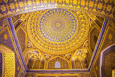 Ceiling of mosque, in Tilla-Kari Madrasa, Registan, Samarkand, Uzbekistan