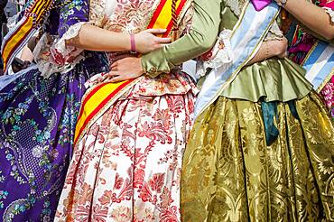 Dress Detail, during flower offering parade, tribute to `Virgen de los desamparados��, Fallas festival,Plaza de la Virgen square,Valencia