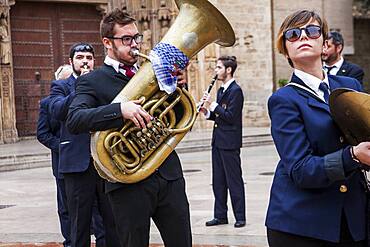 Flower offering,Music tribute to `Virgen de los desamparados´ Fallas festival,San Vicente Martir Street,Valencia,Spain