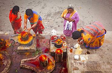 Pilgrims making a ritual offering and praying, ghats of Ganges river, Varanasi, Uttar Pradesh, India.