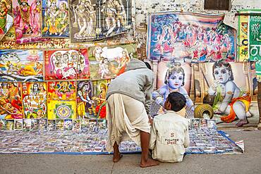 Shop of Krishna images, in Gotam Nagar street (main street),Historical Center,Vrindavan, Mathura, Uttar Pradesh, India