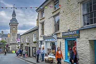 Lion street, in background clock tower, Hay on Wye, Wales