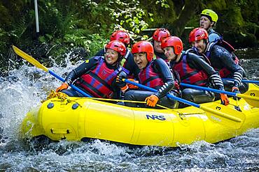 White water rafting at the National White Water Centre on the River Tryweryn, near Bala, Wales