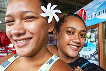 Local woman sellers in Papeete Municipal covered Market, Papeete, Tahiti, French Polynesia, Tahiti Nui, Society Islands, French Polynesia, South Pacific.