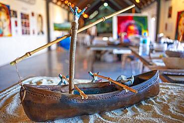 Handmade polynesian boat souvenirs. Souvenirs stall in Papeete Municipal covered Market, Papeete, Tahiti, French Polynesia, Tahiti Nui, Society Islands, French Polynesia, South Pacific.