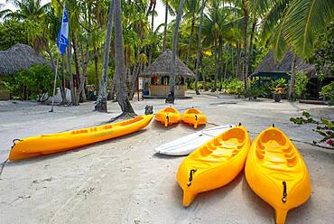 Kayaks in Le Bora Bora by Pearl Resorts luxury resort in motu Tevairoa island, a little islet in the lagoon of Bora Bora, Society Islands, French Polynesia, South Pacific.