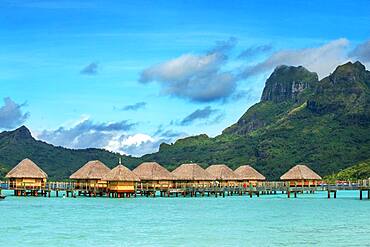 Le Bora Bora by Pearl Resorts luxury resort in motu Tevairoa island, a little islet in the lagoon of Bora Bora, Society Islands, French Polynesia, South Pacific.