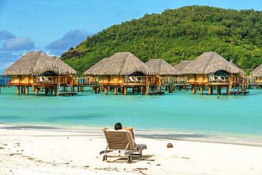 Le Bora Bora by Pearl Resorts luxury resort in motu Tevairoa island, a little islet in the lagoon of Bora Bora, Society Islands, French Polynesia, South Pacific.