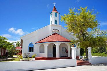 Rotoava church in Fakarava, Tuamotus Archipelago French Polynesia, Tuamotu Islands, South Pacific.