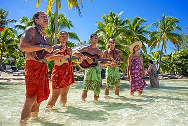 Island of Taha'a, French Polynesia. Polynesian music and dances at the Motu Mahana, Taha'a, Society Islands, French Polynesia, South Pacific.