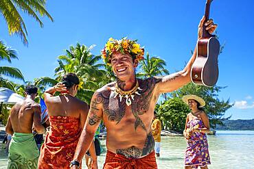 Island of Taha'a, French Polynesia. Polynesian music and dances at the Motu Mahana, Taha'a, Society Islands, French Polynesia, South Pacific.