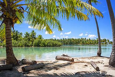 Tropical paradise seascape Taha'a island landscape, French Polynesia. Motu Mahana palm trees at the beach, Taha'a, Society Islands, French Polynesia, South Pacific.