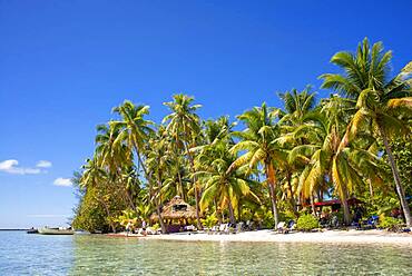 Tropical paradise seascape Taha'a island landscape, French Polynesia. Motu Mahana palm trees at the beach, Taha'a, Society Islands, French Polynesia, South Pacific.