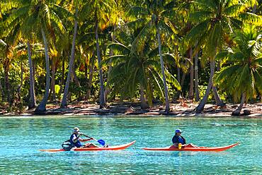 Kayaking in Taha'a island beach, French Polynesia. Motu Mahana palm trees at the beach, Taha'a, Society Islands, French Polynesia, South Pacific.