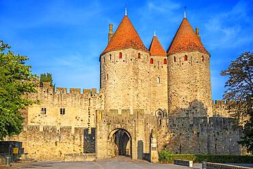 Fortified City of Carcassonne, medieval city listed as World Heritage by UNESCO, harboure d'Aude, Languedoc-Roussillon Midi Pyrenees Aude France