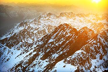 Sunset Mountain views in front of The Observatory Of Pic Du Midi De Bigorre, Hautes Pyrenees, Midi Pyrenees, France. The Col du Tourmalet is the highest paved mountain pass in the French Pyrenees second only to the Col de Portet. So in contrast to frequent claims.