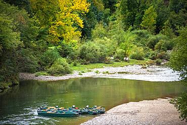 Canoes in La Malene village in Gorges du Tarn. UNESCO World Heritage Site. Grands Causses Regional Natural Park. Lozere. Occitanie. France.