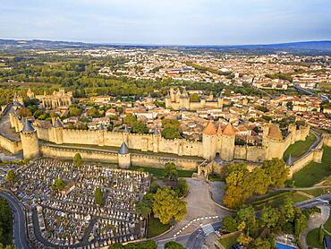 Aerial view of Carcassonne, medieval city listed as World Heritage by UNESCO, harboure d'Aude, Languedoc-Roussillon Midi Pyrenees Aude France