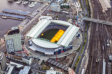 Aerial view at dusk of Etihad Stadium on Melbourne's Docklands, Australia