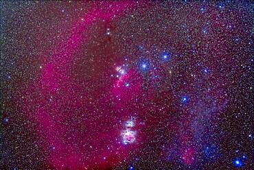 The nebulas of Orion in the Belt and Sword of Orion area. Including M42, Orion Nebula 9below centre), Barnard's Loop (at left), M78 (small reflection nebula above centre), Horsehead Nebula  (centre) and NGC 2024 (above Horsehead). There is faint reflection nebulosity at right -- the frame does not extend right far enough to show the Witchhead Nebula near Rigel.