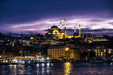 R√ºstem Pasha mosque and the Golden Horn seen from Galata Bridge after sunset